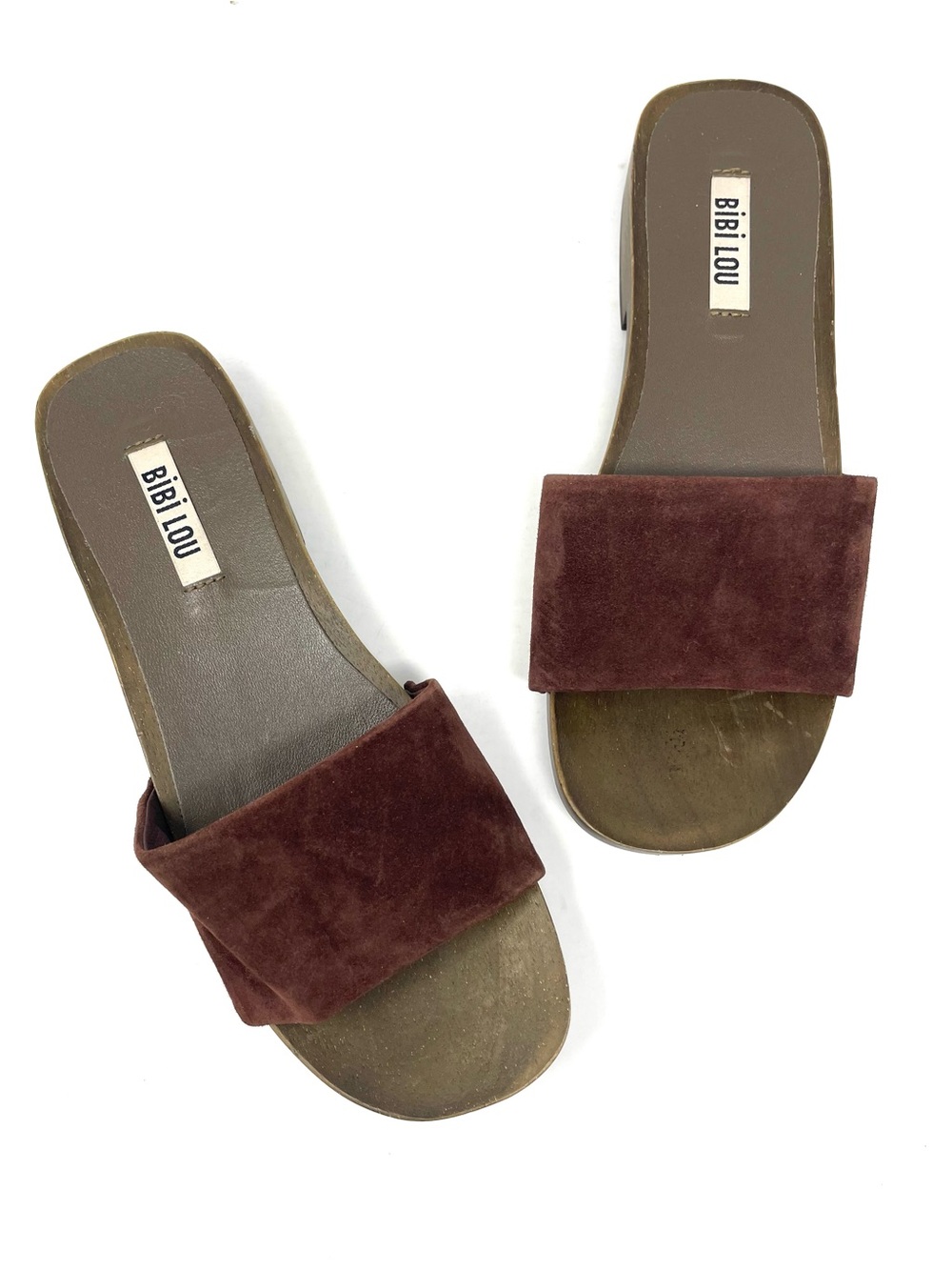 BiBi LOU Anthropologie Brown Suede Wood Bottom Slide Sandals Women's 7 7.5, $149